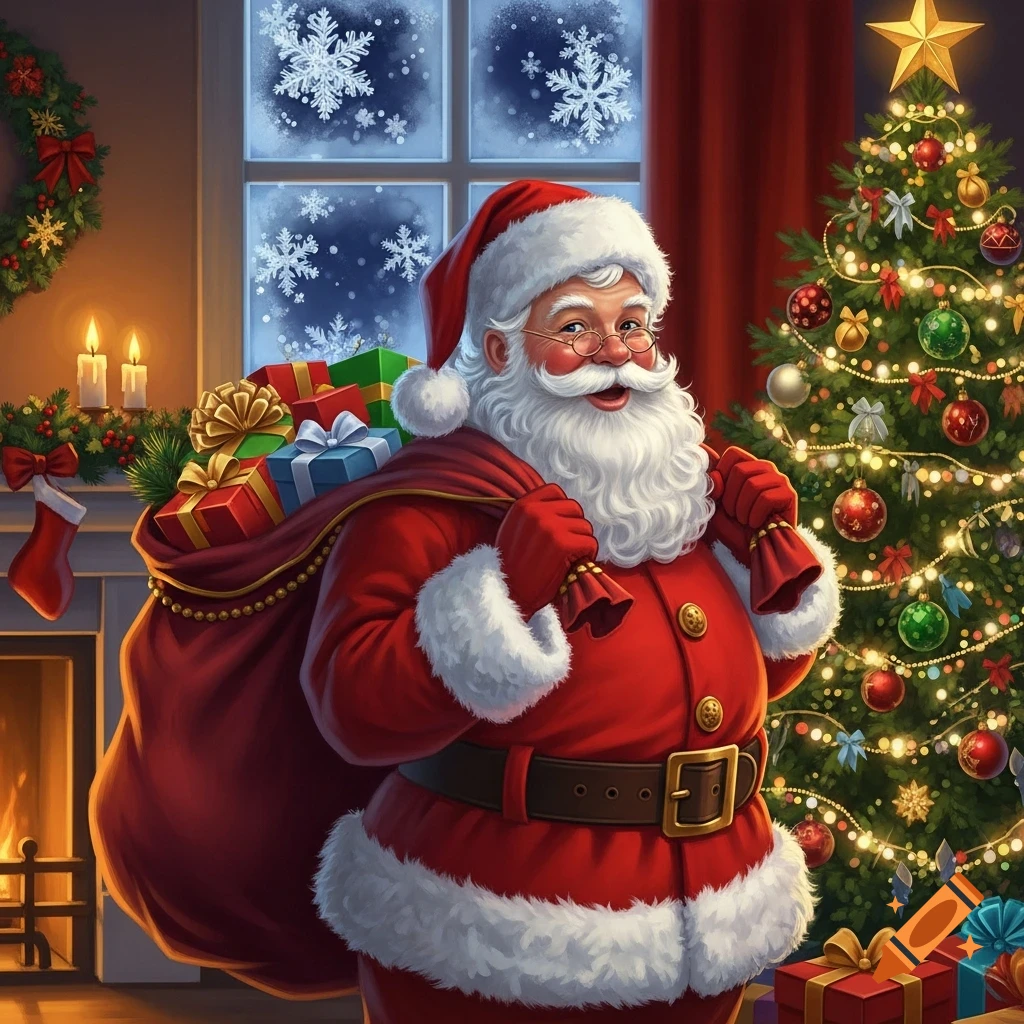 Santa Claus with a large sack of gifts standing next to a brightly lit and decorated Christmas tree in a festive room with a fireplace and snowy window.