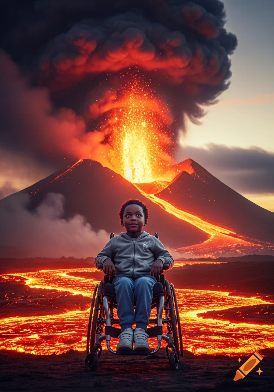 A young Black child in a wheelchair sits on dark ground as a volcano violently erupts behind them, with lava flowing into the foreground.