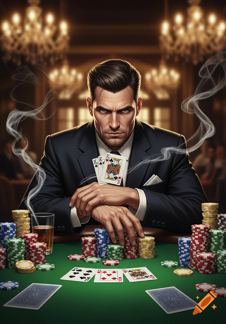 A serious man in a suit playing poker at a table filled with chips and cards in a dimly lit casino, with smoke rising around him.
