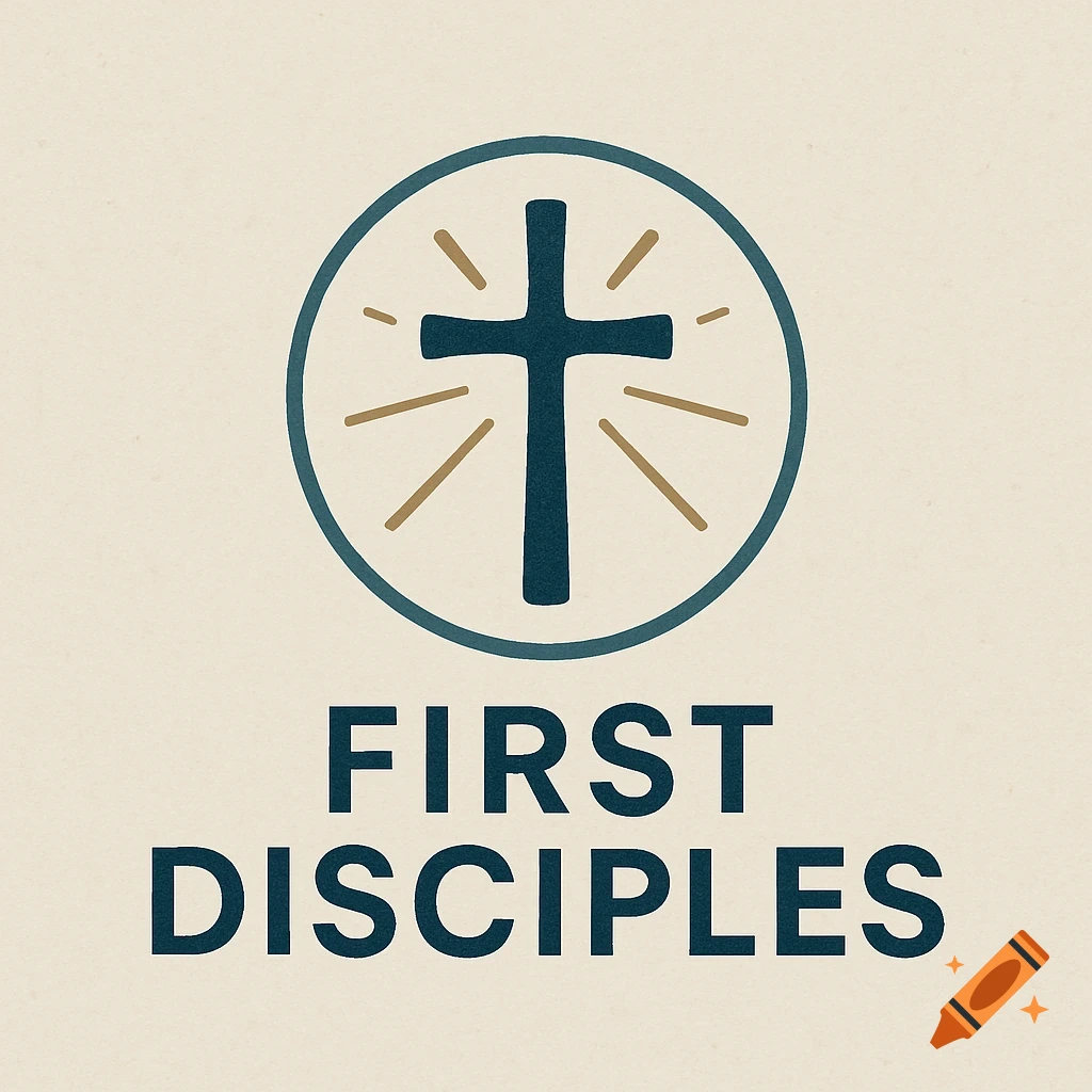 A logo for 'First Disciples' featuring a dark blue cross with gold rays inside a blue circle, above the text 'FIRST DISCIPLES'.