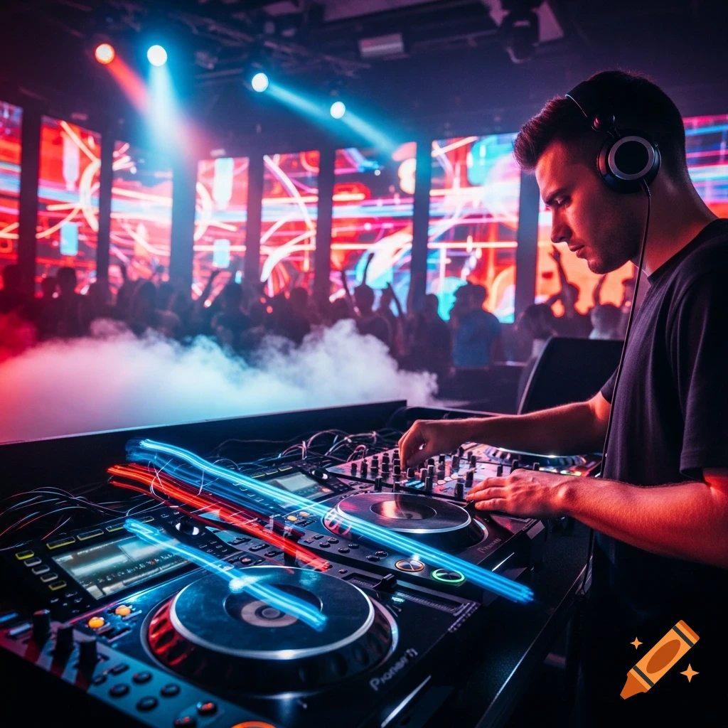 A DJ in headphones mixing music on turntables at a vibrant nightclub with colorful lights and a crowd.
