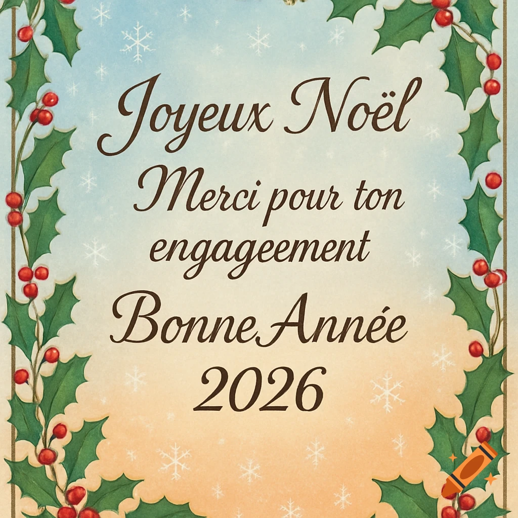 Christmas and New Year greeting card with holly, berries, snowflakes, and French text 'Joyeux Noël, Merci pour ton engagement, Bonne Année 2026'.
