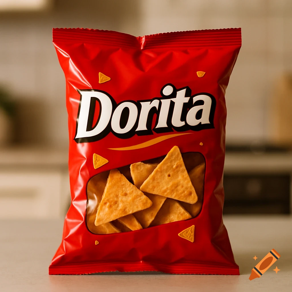 A vibrant red bag of 'Dorita' tortilla chips, with a clear window showing triangular chips inside, on a counter.