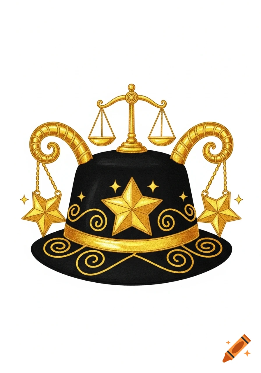 A cartoon black felt top hat adorned with golden scales, ram horns, stars, and swirling patterns.
