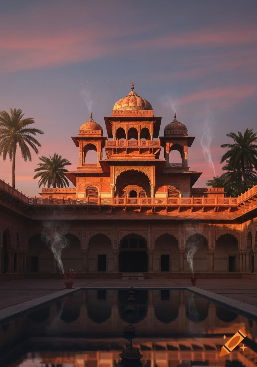 Ornate ancient orange palace with domes, arches, and a reflecting pool at sunset, bathed in golden light with palm trees and wisps of smoke.