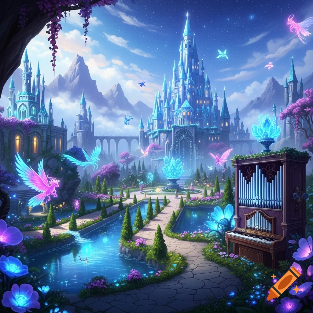 A vibrant fantasy landscape featuring majestic blue castles, glowing magical creatures, lush gardens, and serene waterways under a starry night sky.