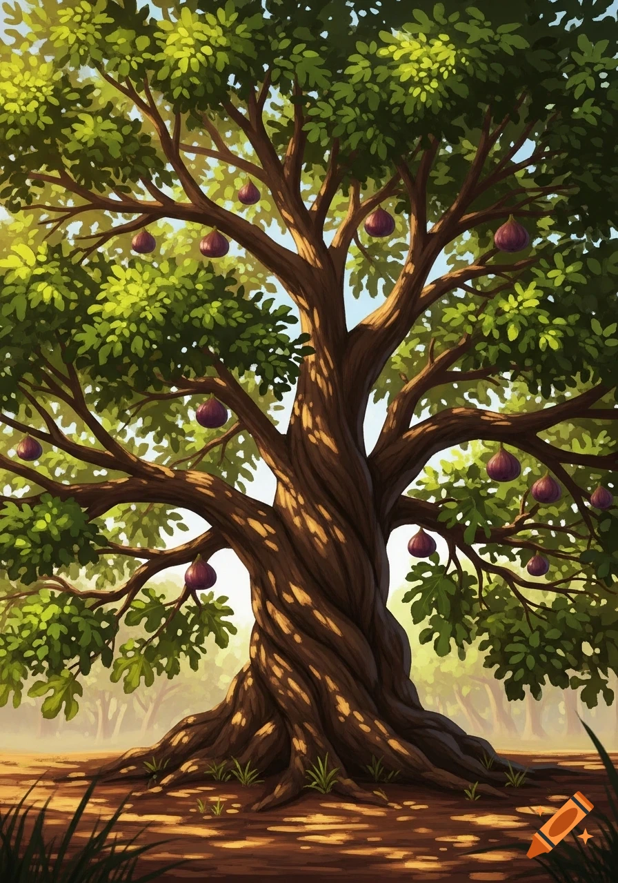 A vibrant illustration of a fig tree with a twisted trunk, green leaves, and purple figs, bathed in dappled sunlight.