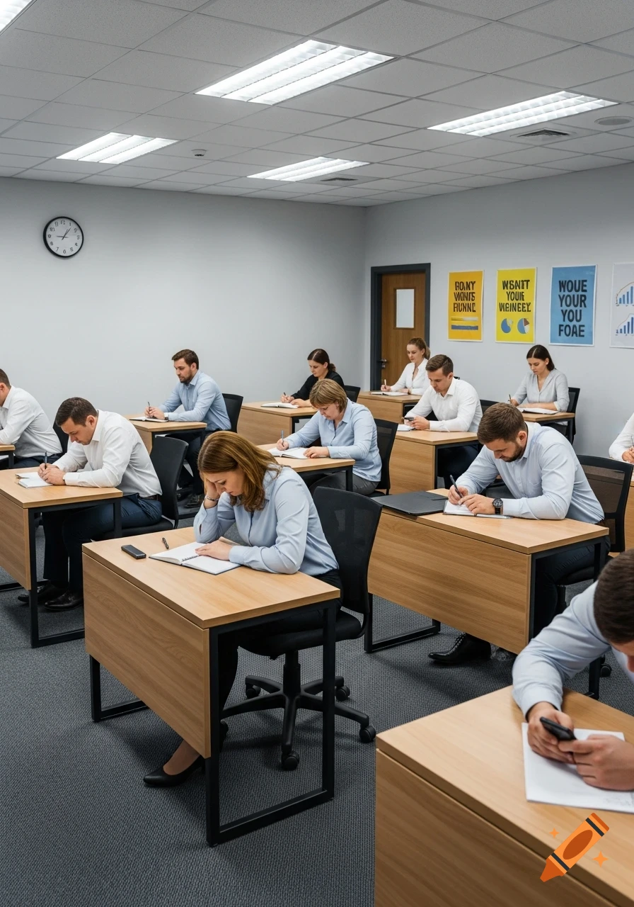 Photorealistic image of adults in a modern classroom, seated at individual desks, writing notes.
