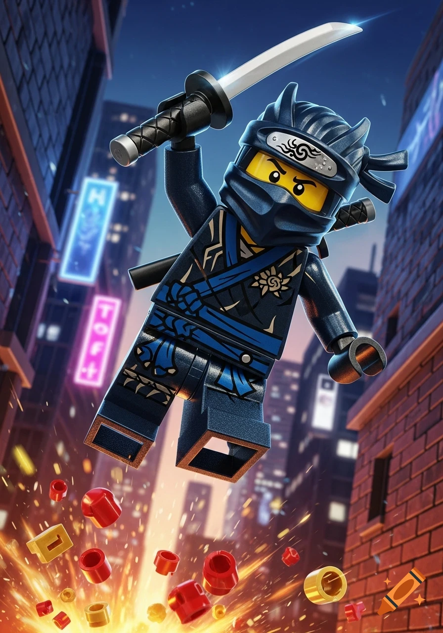 A blue Lego ninja leaps through a neon-lit city at night, holding a katana, with an explosion of red and yellow Lego bricks below.