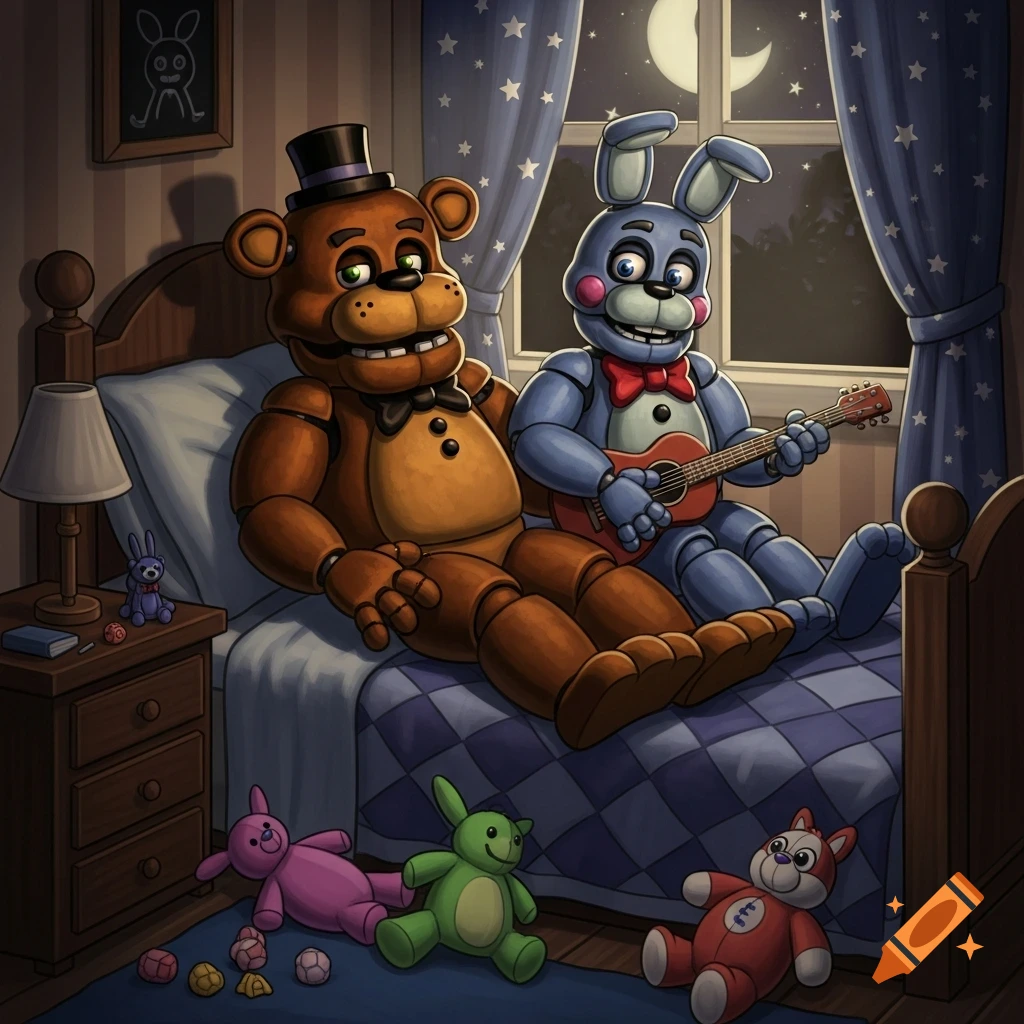 Freddy Fazbear and Bonnie sit on a bed in a dark room, Bonnie playing a small guitar. Stuffed animals are on the floor.