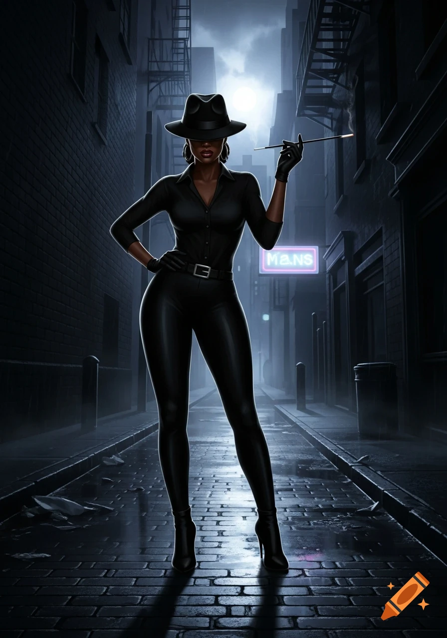 A stylish Black woman in a black fedora, gloves, and tight black outfit stands in a dark, wet urban alley, holding a cigarette holder.