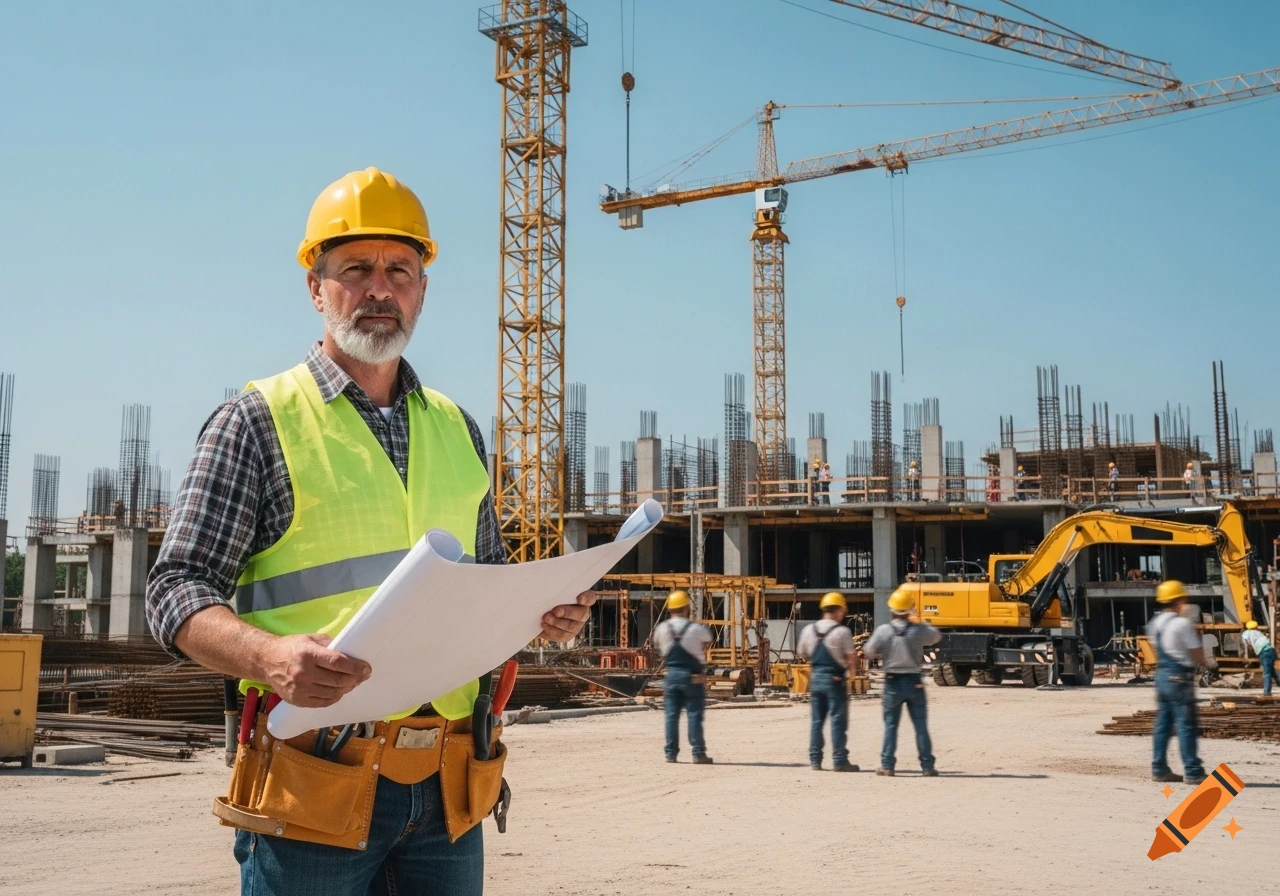 Male contractor in hard hat and safety vest holding blueprints on a sunny construction site with cranes and workers.