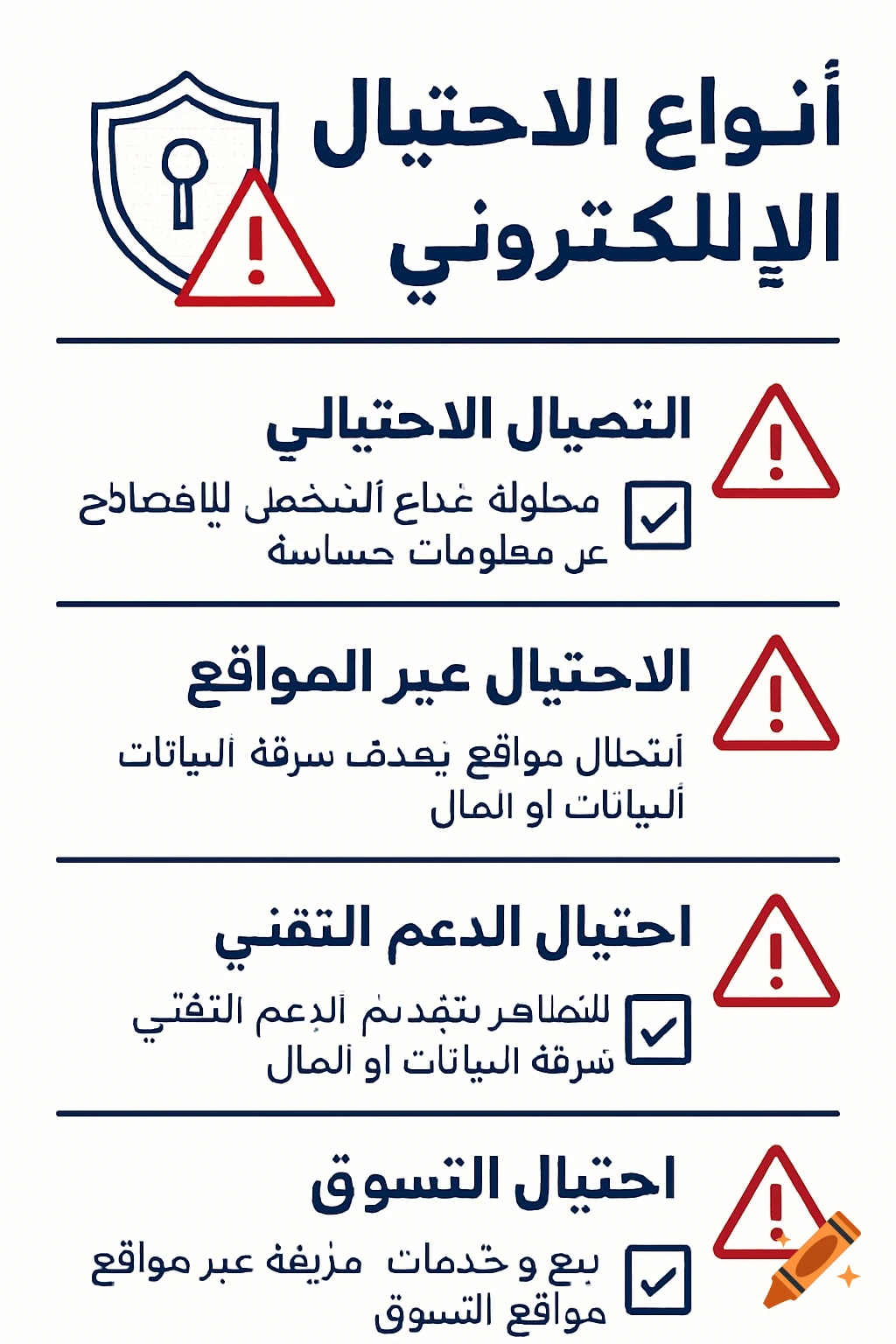 Arabic infographic detailing types of electronic fraud with red warning symbols and blue text on a white background, featuring cybersecurity themes.