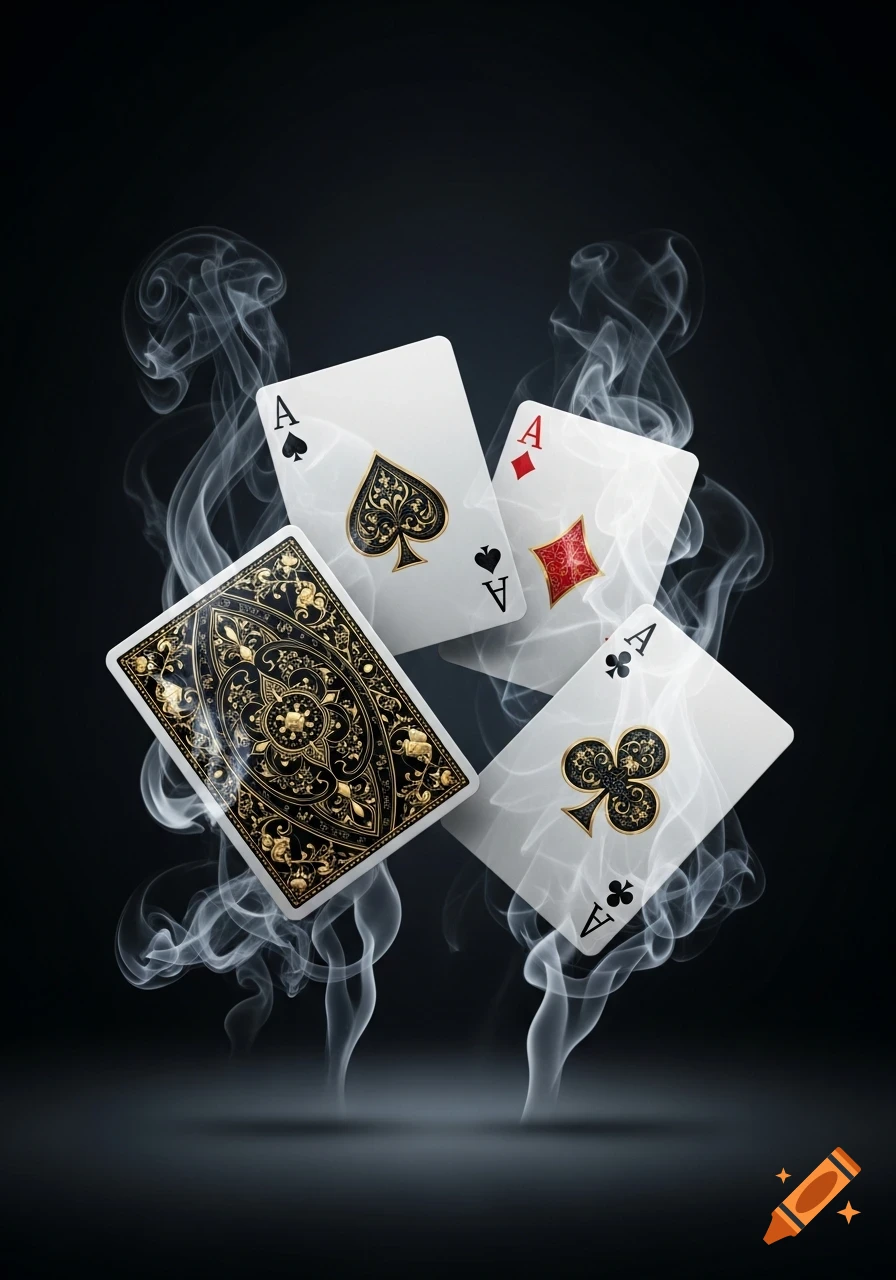 Four playing cards, including Ace of Spades, Diamonds, and Clubs, float in smoke on a dark background.
