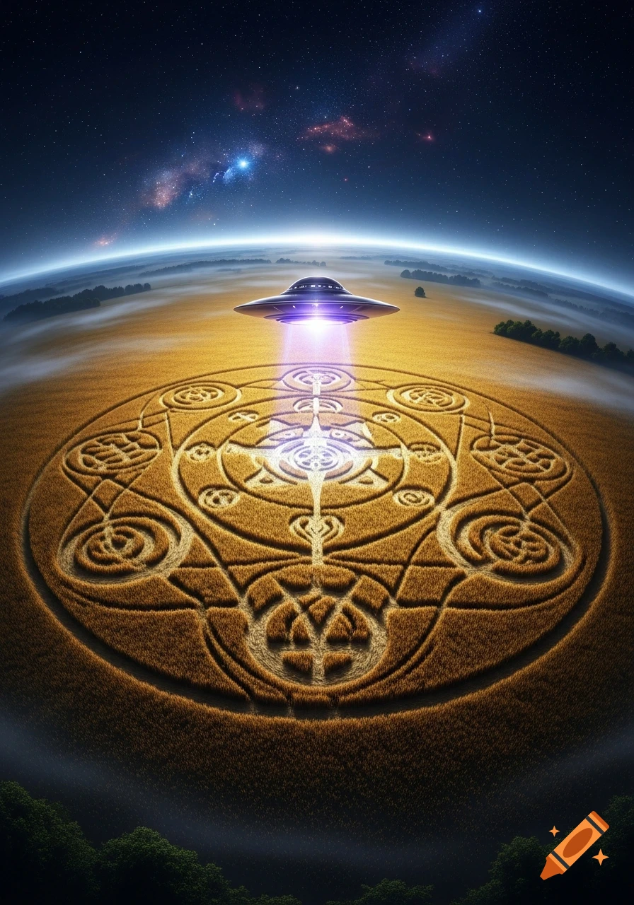 A UFO hovers over an intricate crop circle in a golden field under a starry night sky, with a light beam hitting the center.