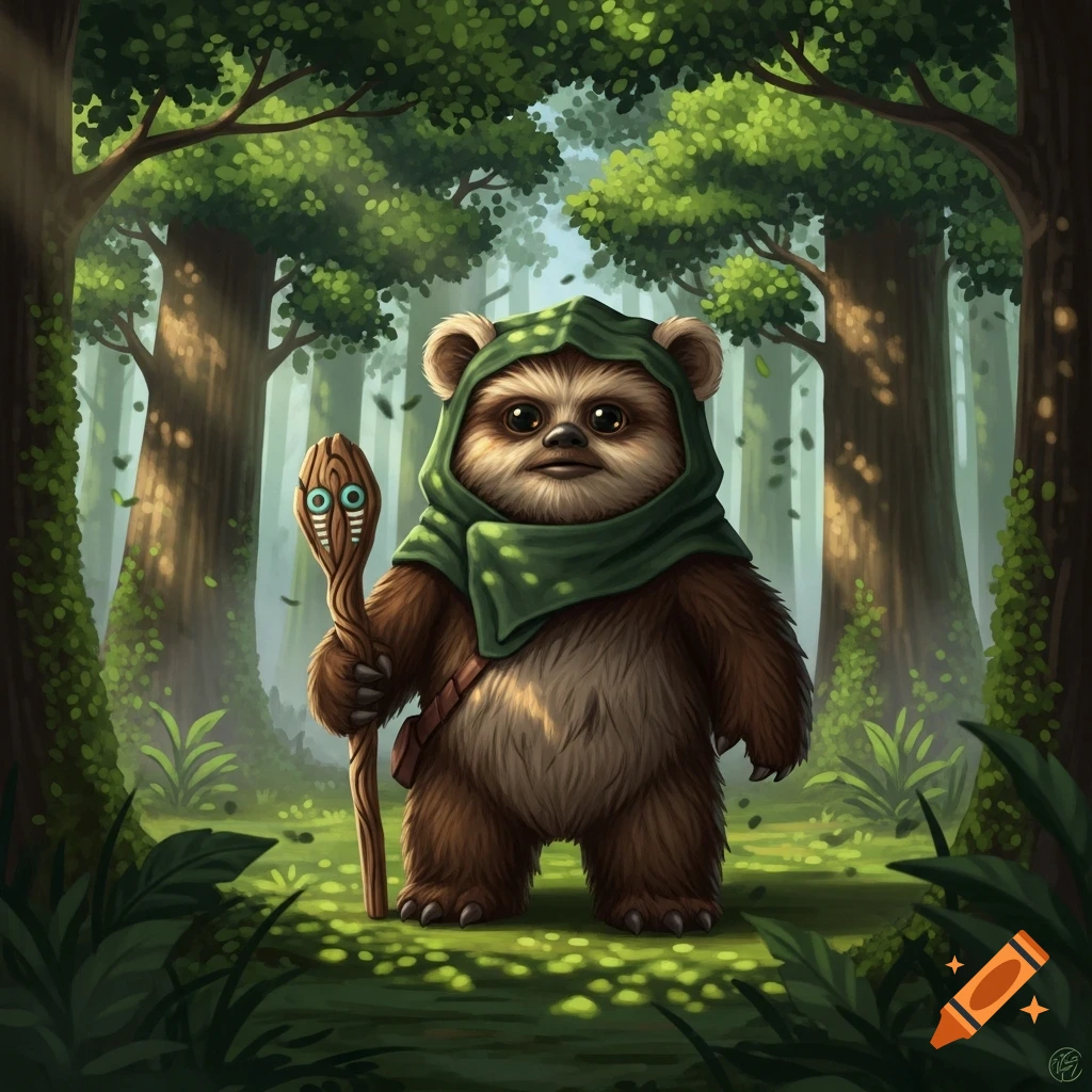 A cute brown Ewok in a green hooded cloak stands in a lush forest, holding a carved wooden staff. Illustrated style.