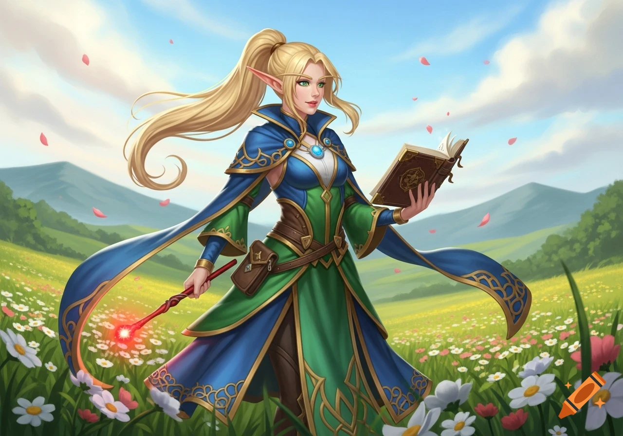 A blonde elf mage in blue and green robes holds a glowing wand and an open book in a sunny, flower-filled meadow.