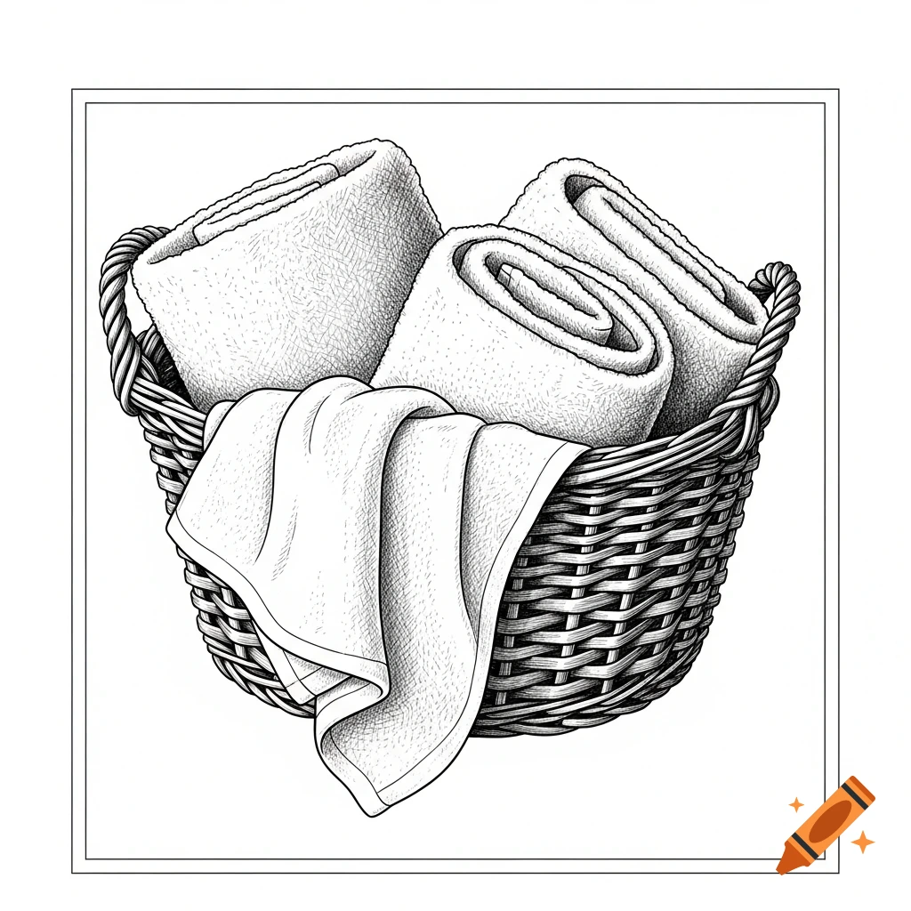 Black and white clipart illustration of a woven basket holding three folded and one draped towel.