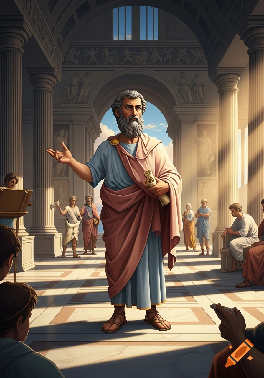 A bearded man in classical robes holds a scroll and gestures while speaking to a group in a grand columned temple hall, depicted in a stylized illustration.