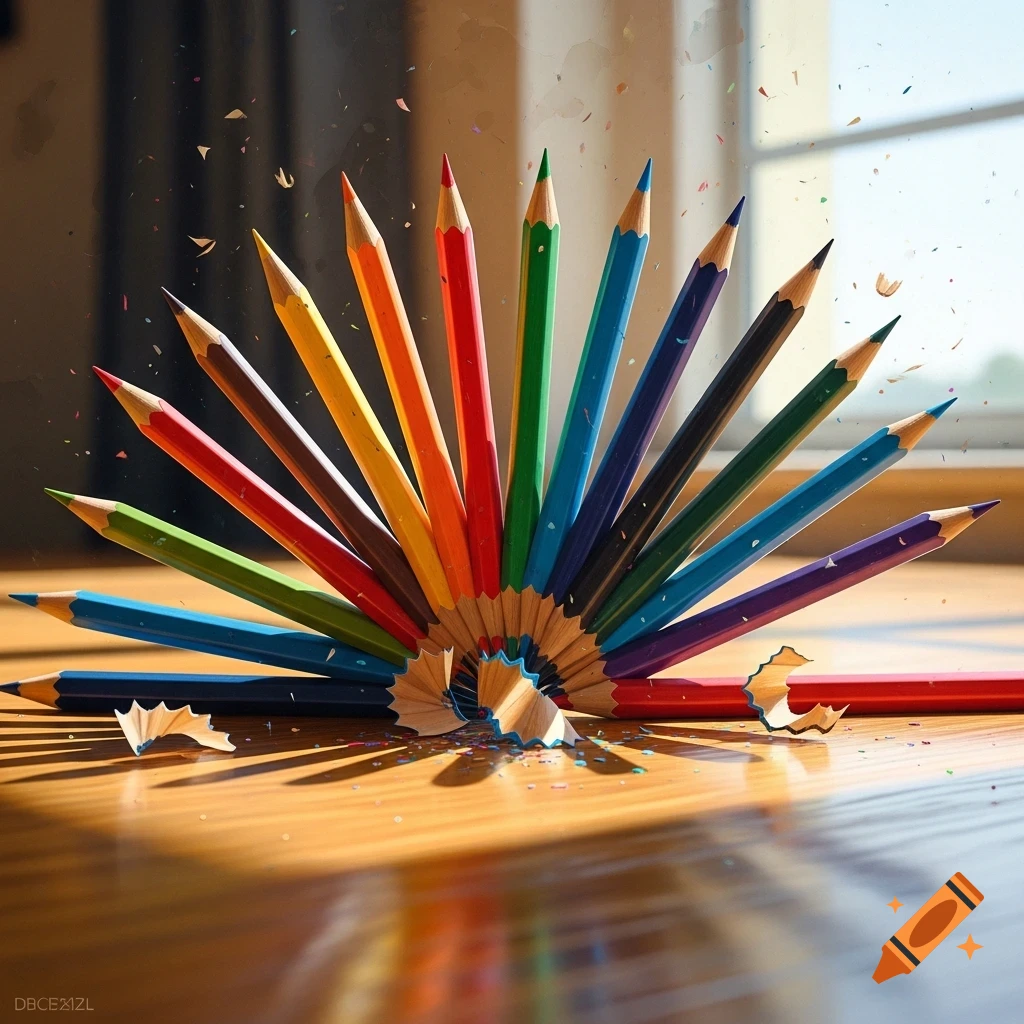 A vibrant fan of colorful pencils stands on a wooden table, surrounded by pencil shavings, with sunlight filtering in.