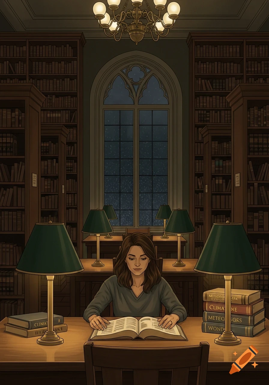 An illustrated scene of a young woman reading a book at a desk in a dimly lit library, surrounded by bookshelves and lamps, with a snowy window behind her.