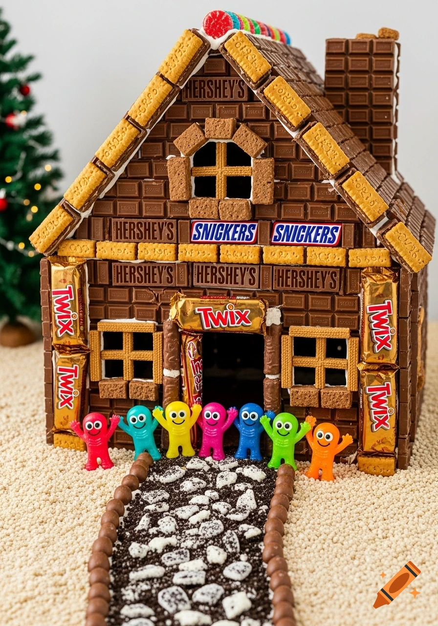 A festive gingerbread house made from Hershey's chocolate bars, Twix pillars, Snickers logs, and Oreo gravel, with colorful candy figures in front. A Christmas tree is visible in the background.
