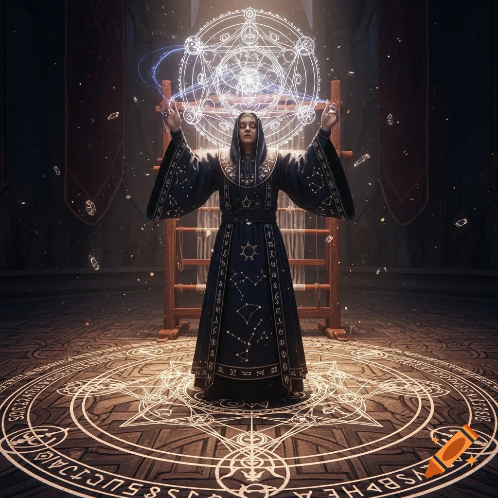 A robed Loompriest with raised arms casts a glowing spell-mandala above a carved floor in a mystical sanctum.