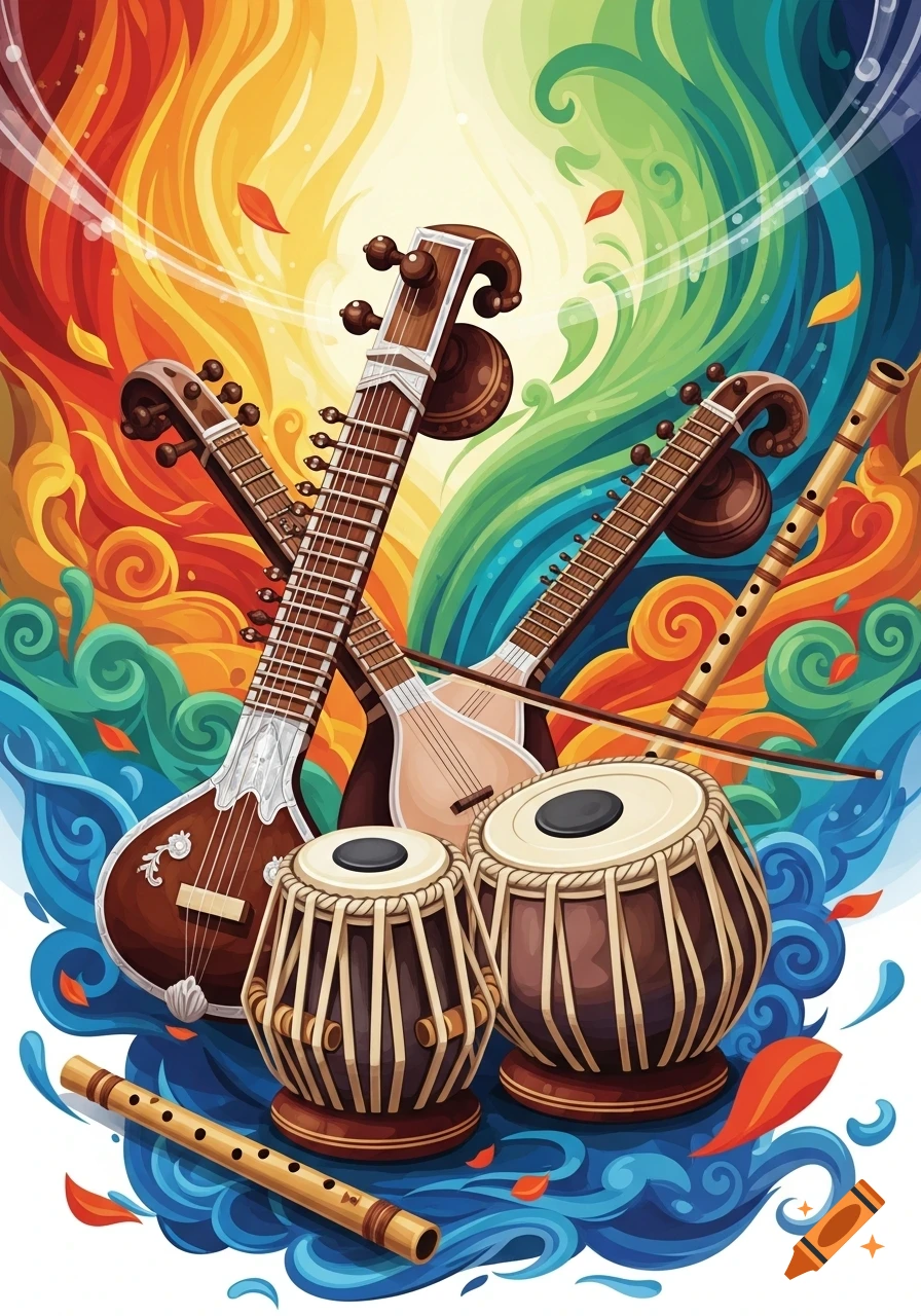Vibrant illustration of Indian musical instruments like sitar, tabla, and flute against a swirling colorful background.