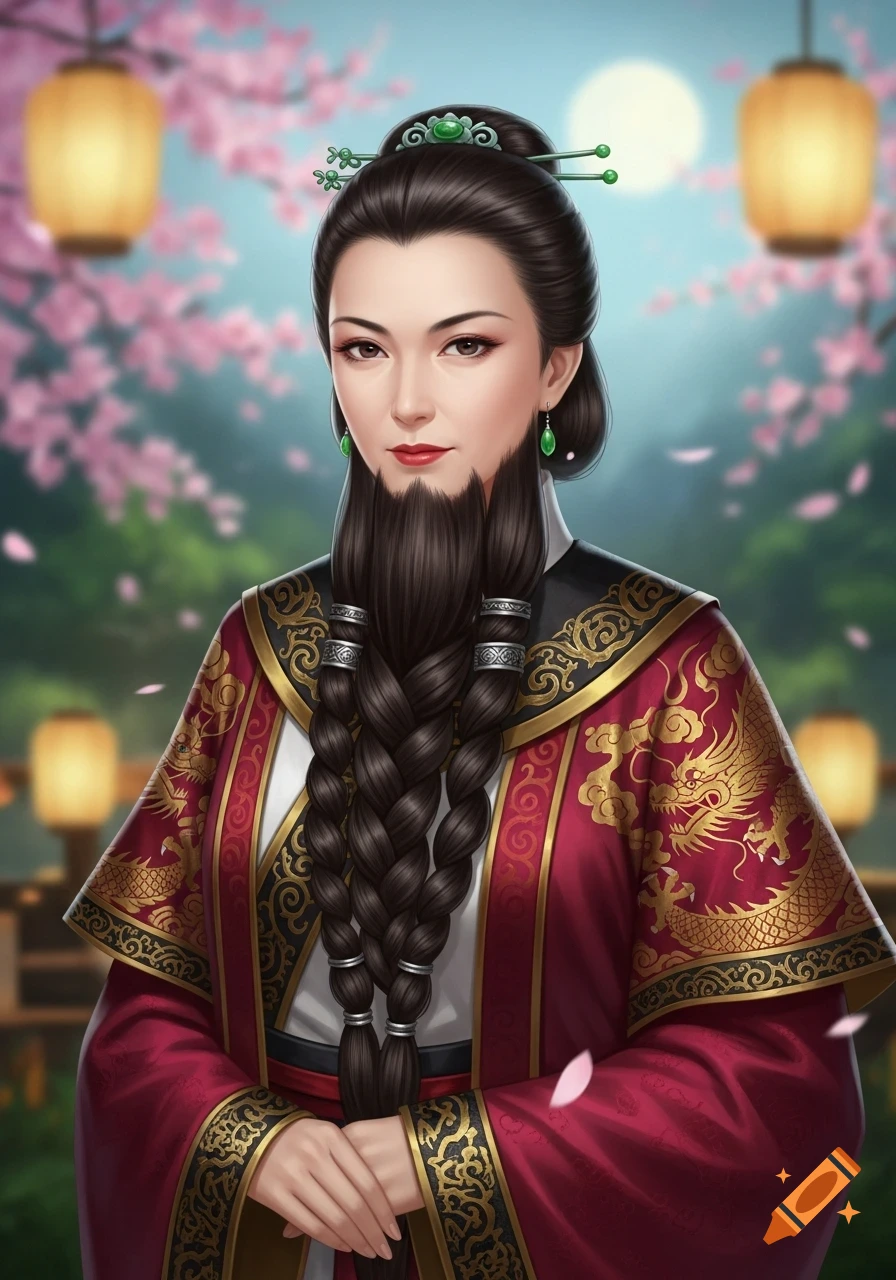 Anime-style portrait of an Asian woman in traditional Chinese attire with a long braided beard, set against a background of lanterns and cherry blossoms.