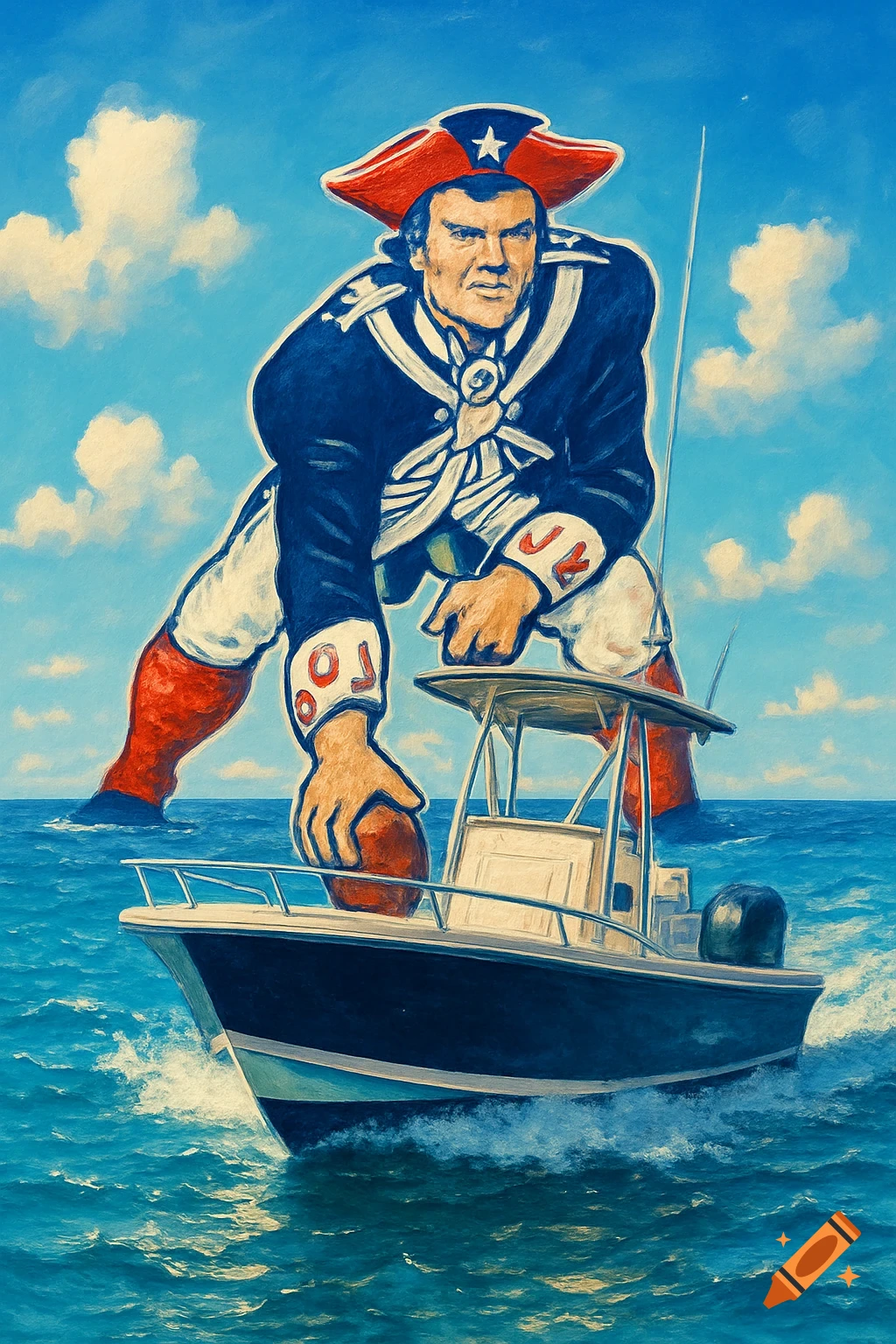 A giant, stylized New England Patriots-like revolutionary war soldier stands over a small fishing boat, holding a football.