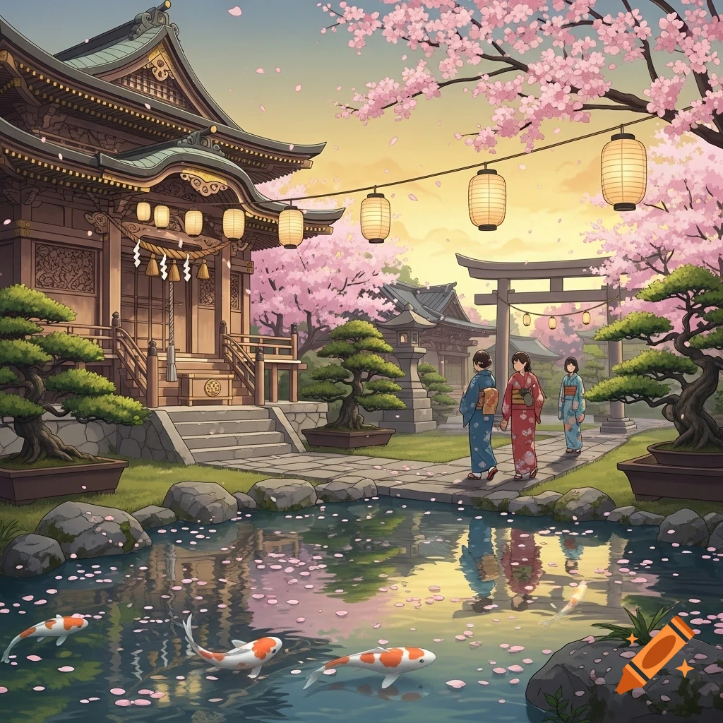 An anime illustration of a traditional Japanese temple garden with cherry blossoms, a pond with koi fish, and three women in kimonos walking towards a torii gate.
