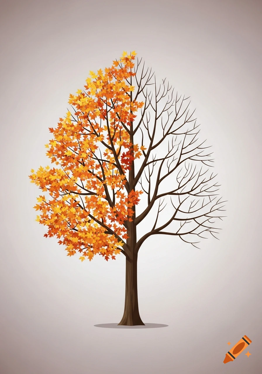 An illustration of a tree, half with vibrant orange and yellow autumn leaves, and half bare branches, against a light gray background.