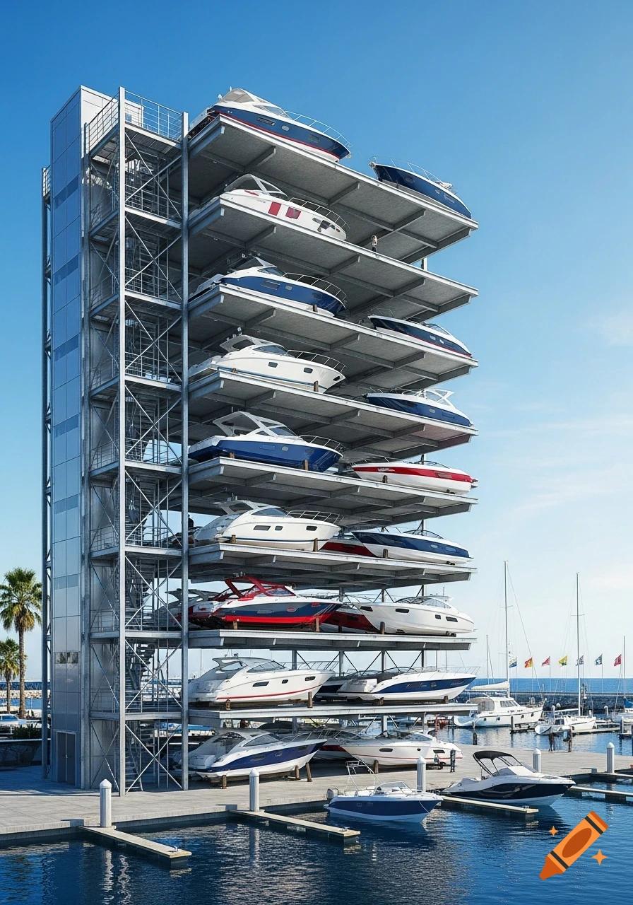 A tall, multi-story metal boat parking tower filled with various motorboats, standing next to a bustling marina with boats in the water and palm trees.