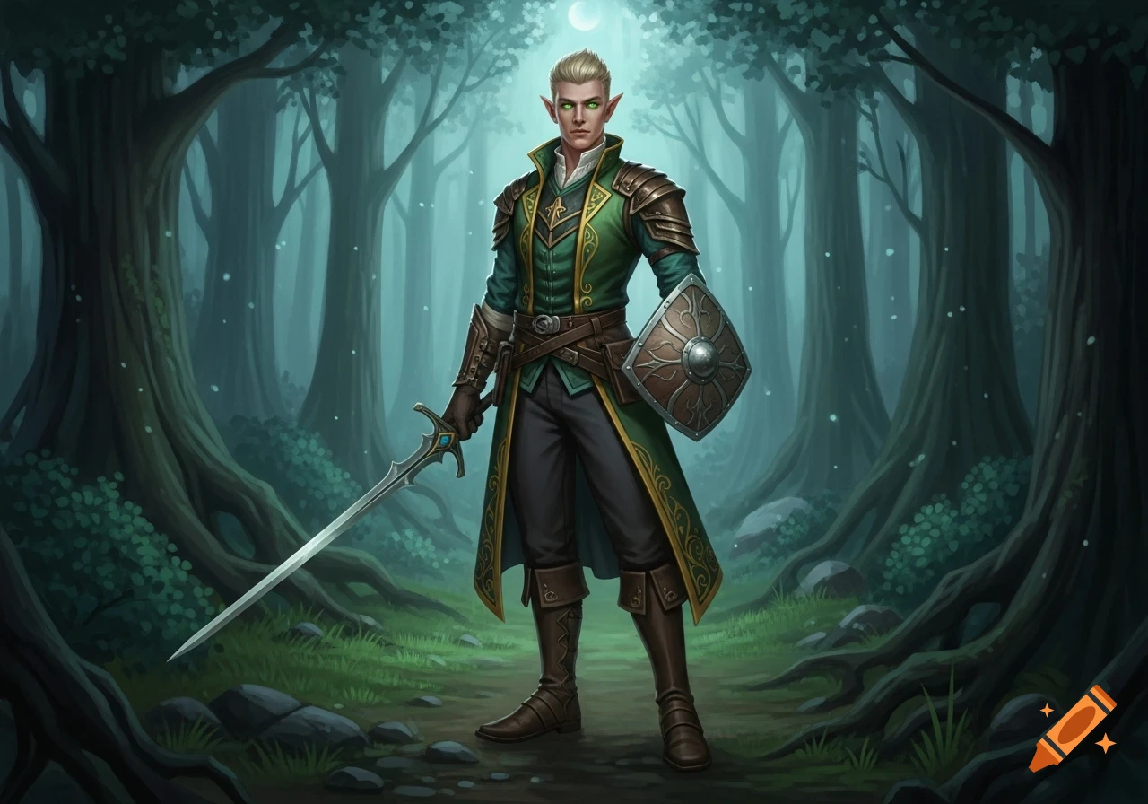A detailed fantasy illustration of a blonde elf knight with green eyes, wearing a green and gold outfit, holding a sword and shield in a mystical forest under a pale moon.