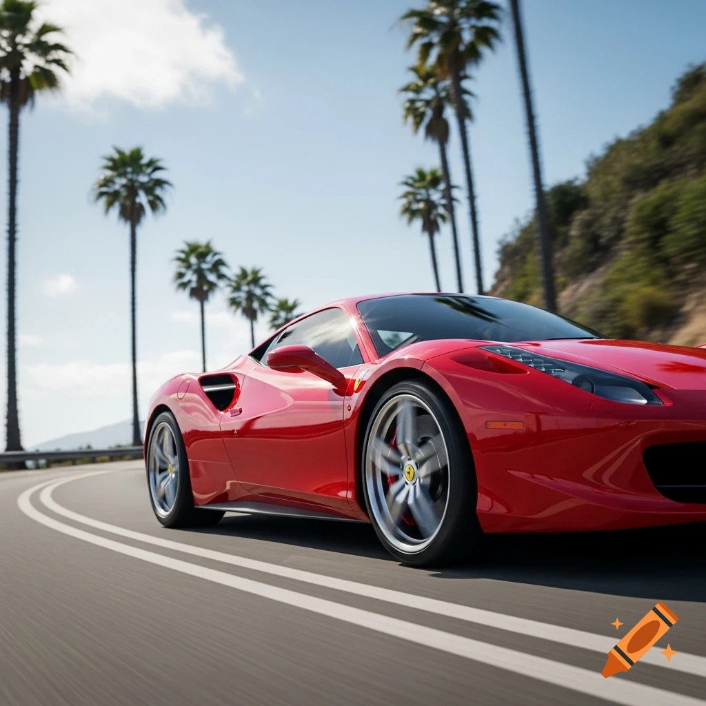 Red Ferrari sports car driving on a winding road lined with tall palm trees under a bright blue sky, photorealistic style.