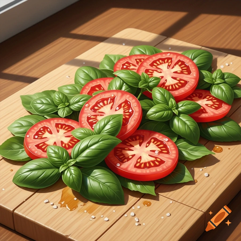 Photorealistic image of sliced red tomatoes and green basil leaves on a wooden cutting board, with salt and water droplets.