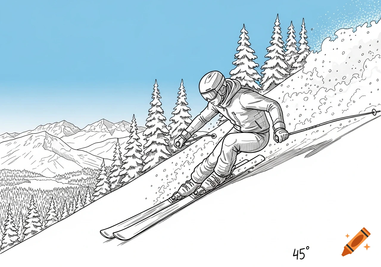 A line drawing illustration of a skier descending a 45-degree steep slope, with snow-covered mountains and evergreen trees in the background.