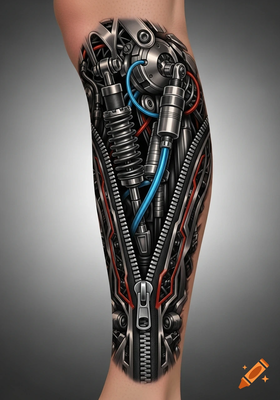 Detailed bionic leg tattoo showing mechanical components, springs, and blue hydraulic lines beneath an open zipper on human skin.
