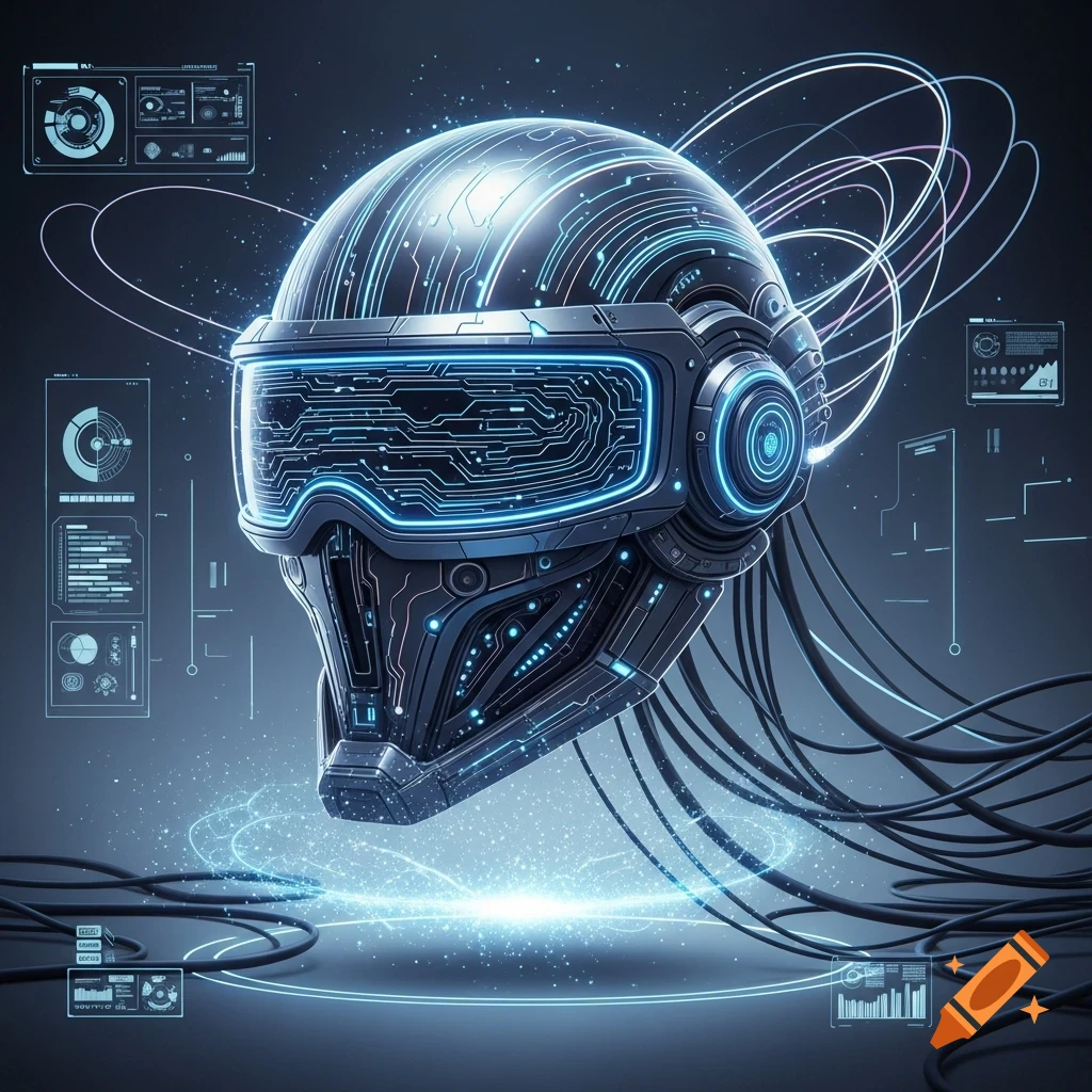 A futuristic VR helmet with glowing blue circuit patterns and trailing wires, surrounded by digital interface displays.
