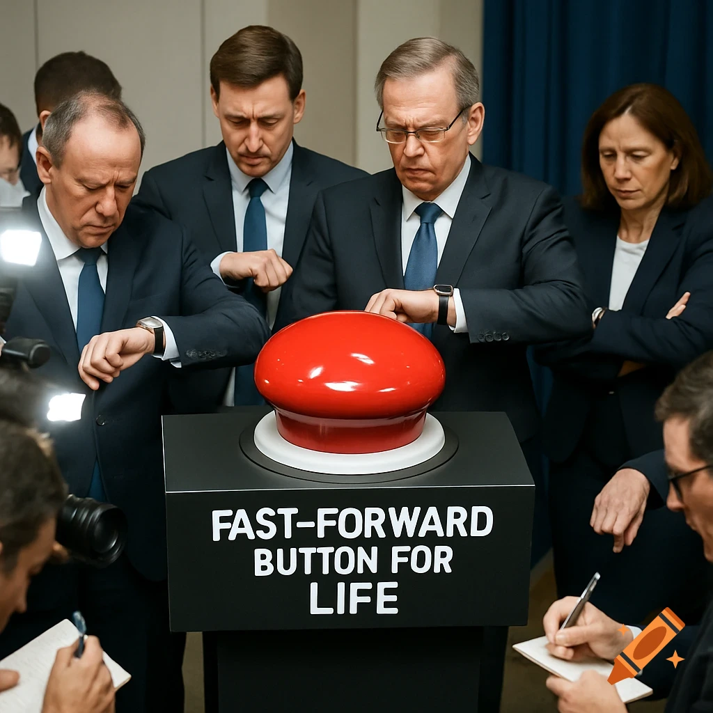 Men in suits at a press conference, looking at a large red "Fast-Forward Button for Life" on a podium.