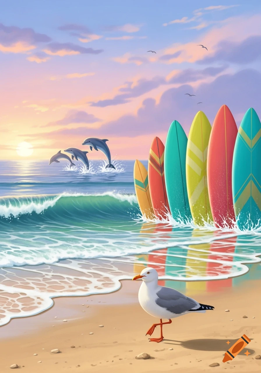 A vibrant illustration of a beach at sunset with colorful surfboards, leaping dolphins in the ocean, and a seagull on the sand.