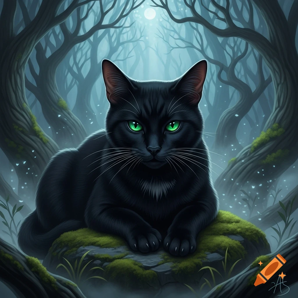 A black cat with glowing green eyes sits on a mossy rock in a dark ...
