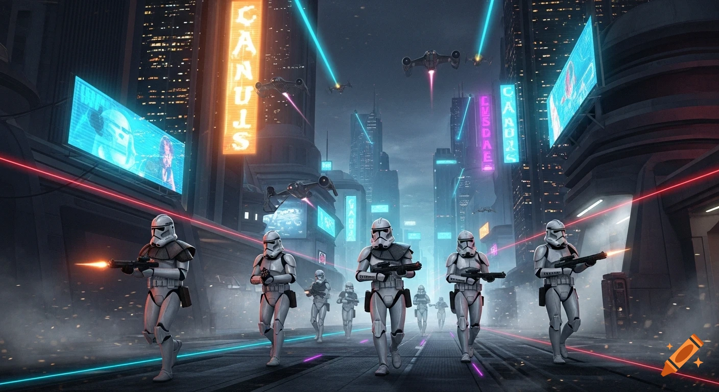Clone Troopers patrol a neon-lit futuristic city with flying vehicles and laser fire.