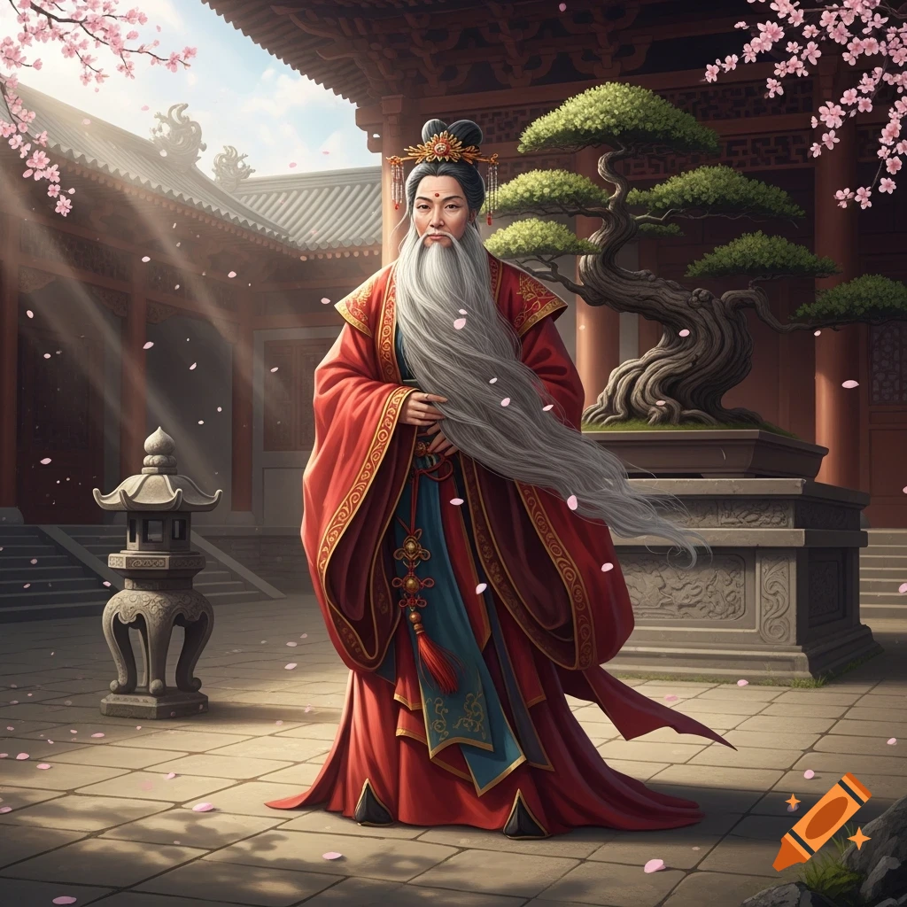 An elderly Asian man with a long white beard, wearing a red traditional robe, stands in a temple courtyard with cherry blossoms.