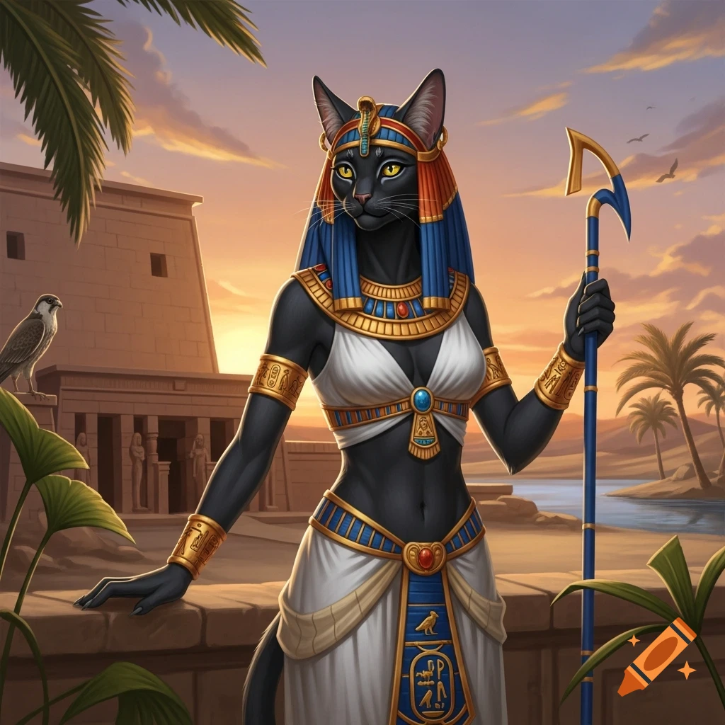 A black anthropomorphic cat goddess in Egyptian attire, wearing a blue and gold headdress and holding a staff, stands before an ancient temple and palm trees at sunset in digital art style.