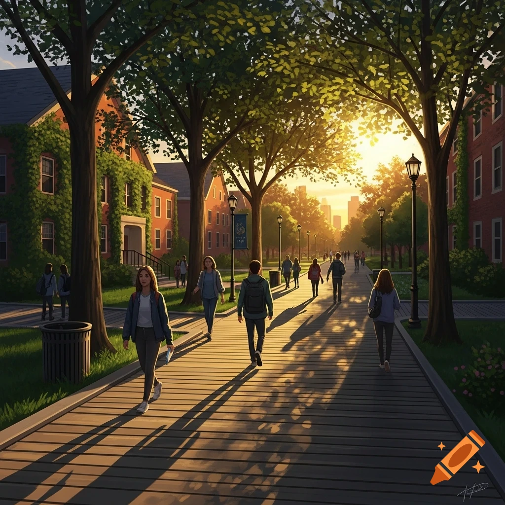 Illustrated scene: students walk a sunlit boardwalk on a college campus, framed by trees and brick buildings, late afternoon.