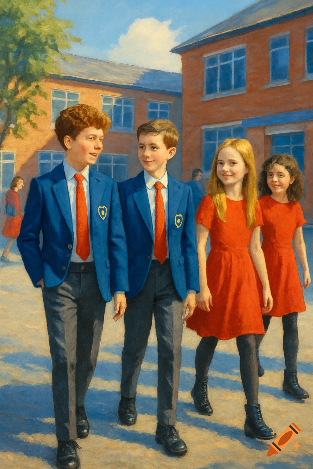 Four children, two boys in blue blazers and two girls in red dresses, walk outside a brick school building on a sunny day in a painted style.