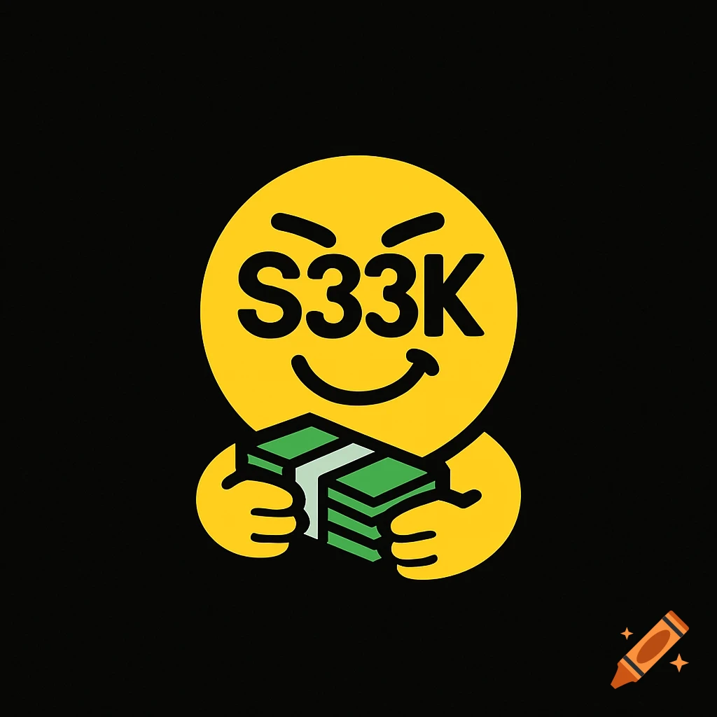 Minimalist yellow emoji-style character with 'S33K' for eyes, smiling and holding a stack of money on a black background.