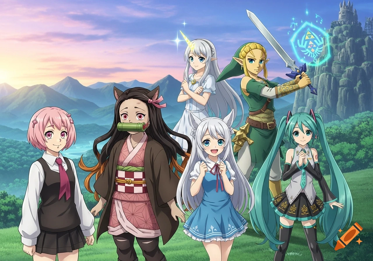 Anime characters including Nezuko, Link, Hatsune Miku, and others stand together in a vibrant fantasy landscape.