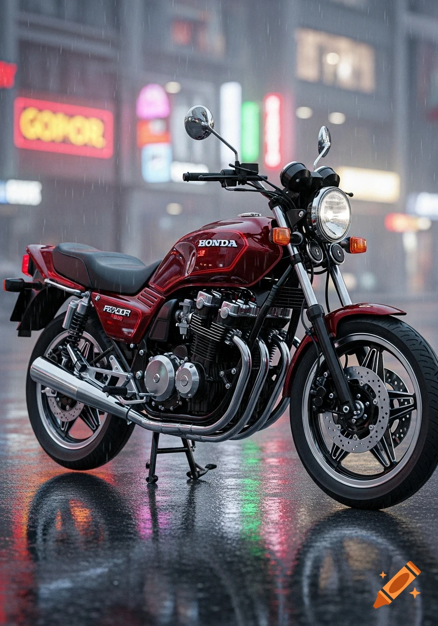 A dark red Honda motorcycle parked on a wet city street at night, with neon lights reflecting in puddles. Photorealistic style.